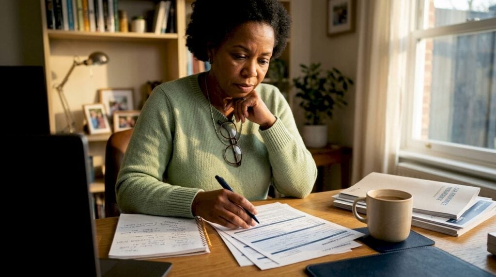 Woman reviewing car insurance claim papers