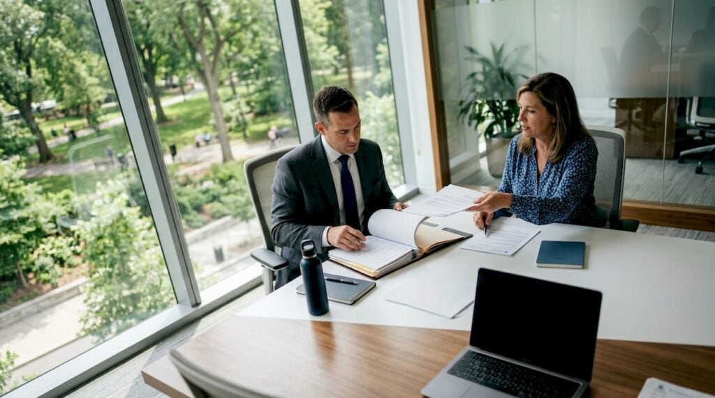 Client and attorney reviewing injury settlement documents