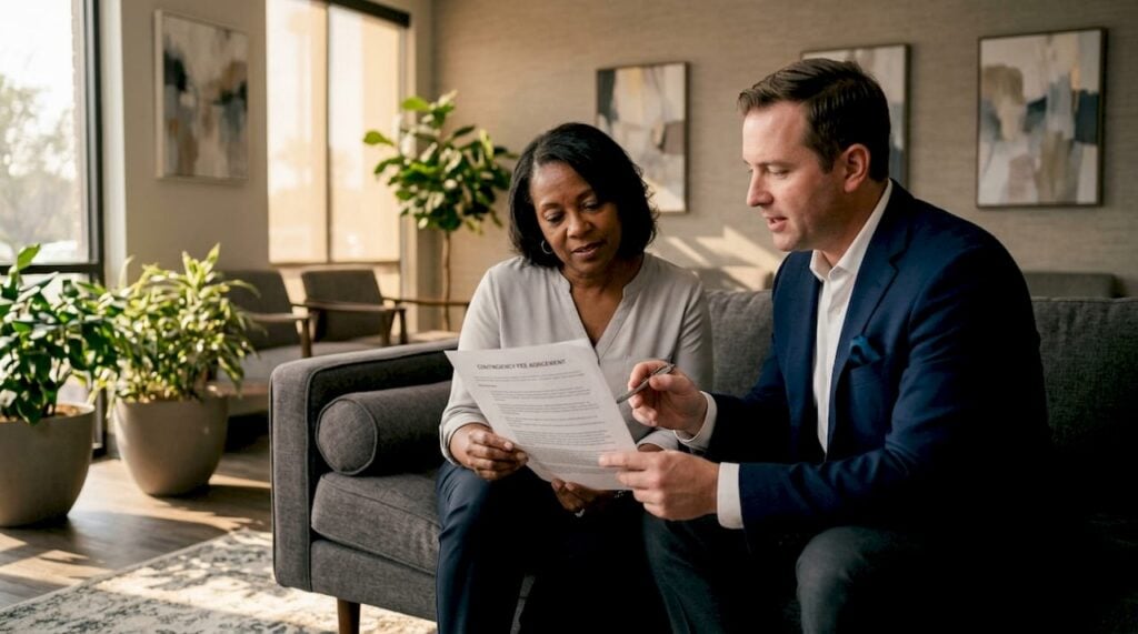 Client and lawyer discussing contingency fee agreement