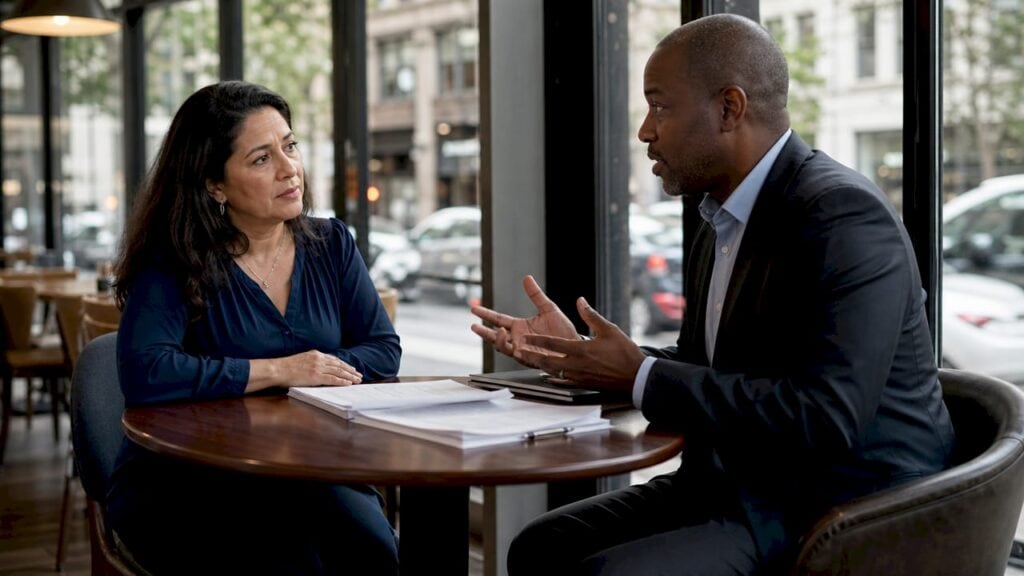 Client consulting accident attorney in law office