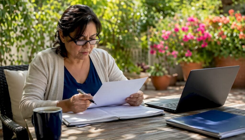 Hispanic woman reviewing insurance claim documents at home