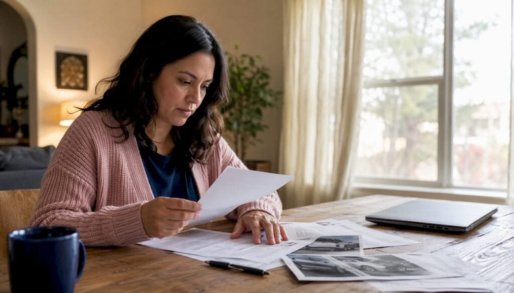 Woman organizing car accident liability documents