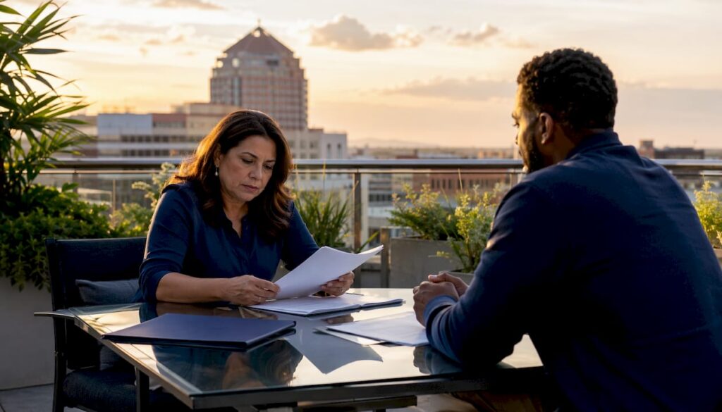 Client consulting personal injury attorney in office