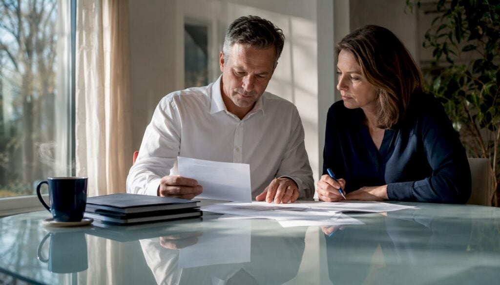 Couple reviewing insurance claim papers