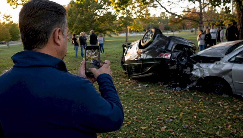 Man photographing car accident scene outdoors