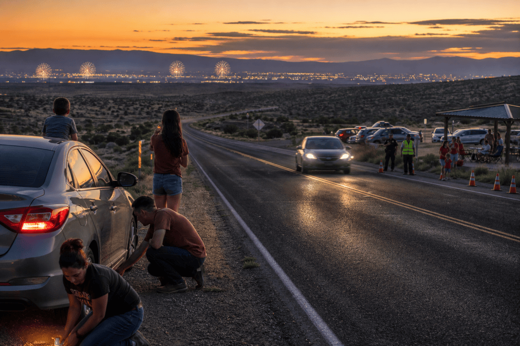 People watching fireworks from parked cars along a desert road at sunset