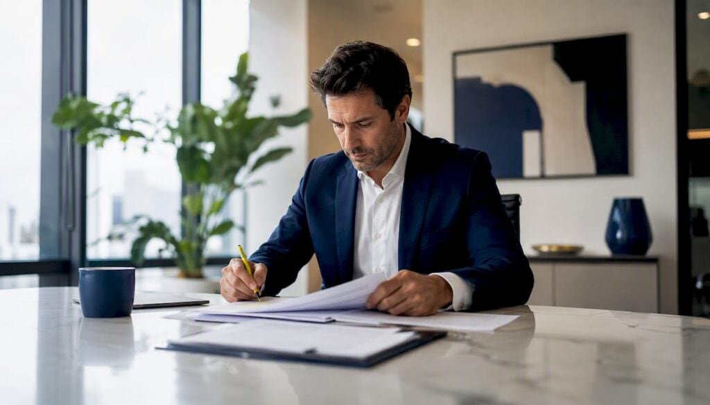 Lawyer studying damages case files in office