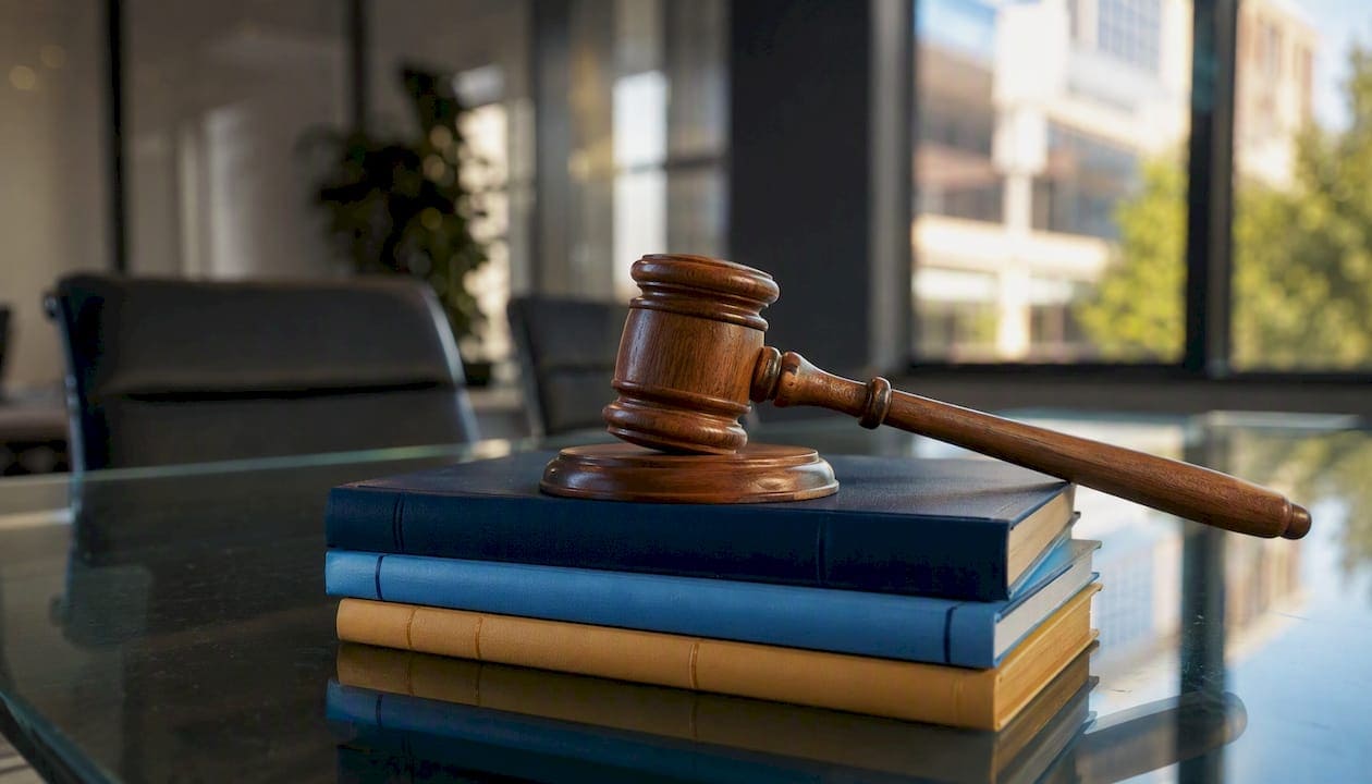 Judge's gavel on legal books in courtroom