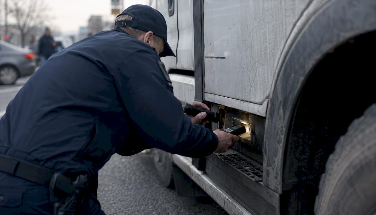Officer inspecting truck exterior for compliance