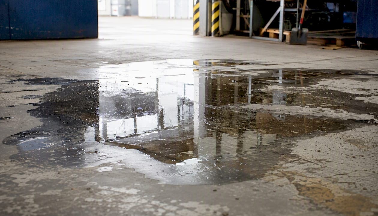Puddle with dirt tracks on tiled floor