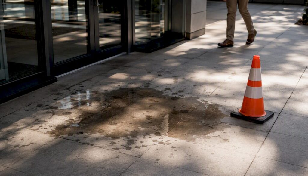 Wet floor hazard with footprints and traffic cone