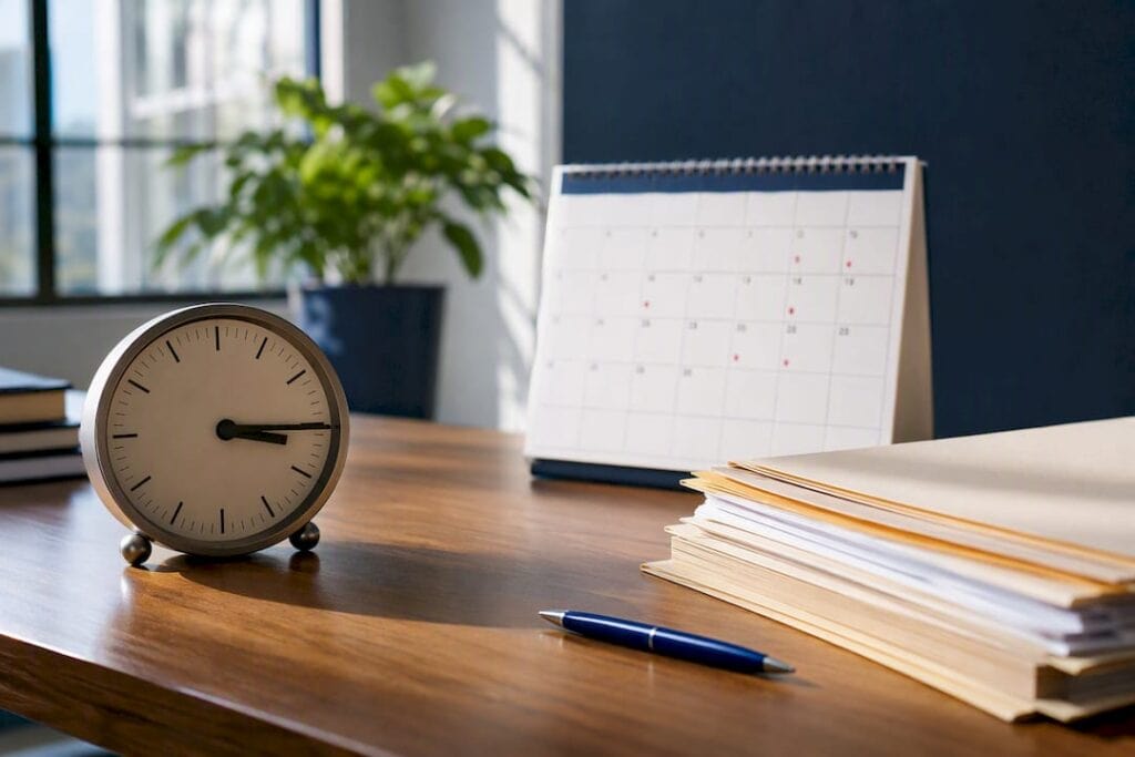 Clock and legal folder with calendar deadlines