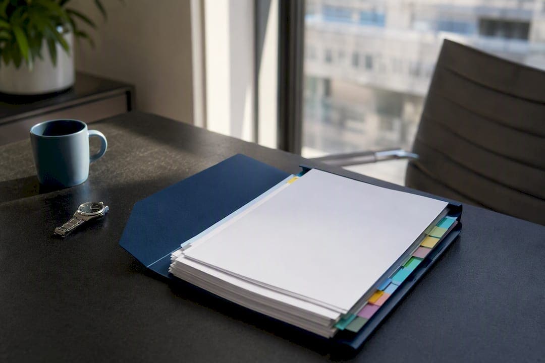Organized legal folder with reminders and watch