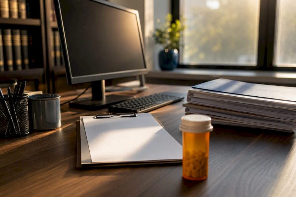 Desk with pill bottle and blank legal paperwork