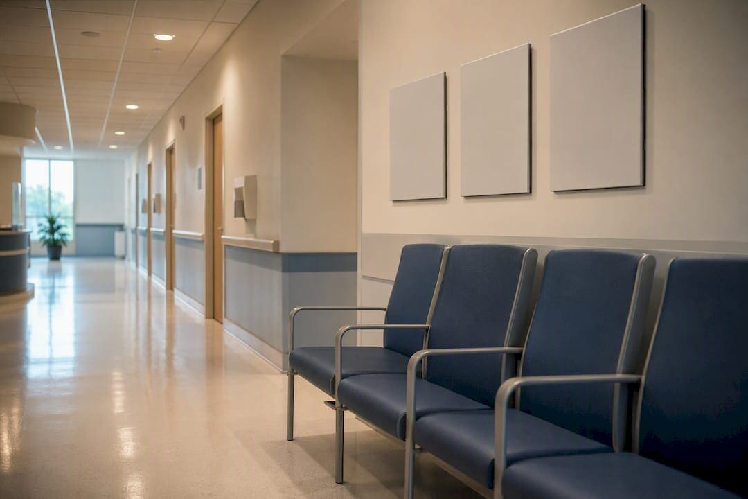 Empty hospital corridor and waiting chairs