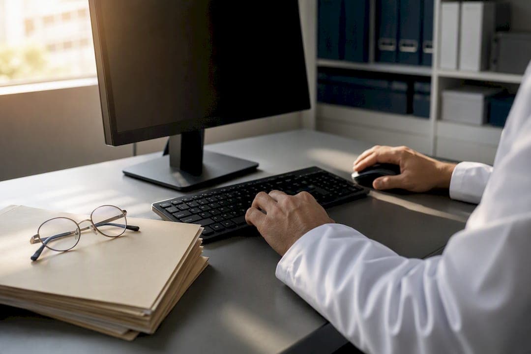 Hands accessing medical records on computer