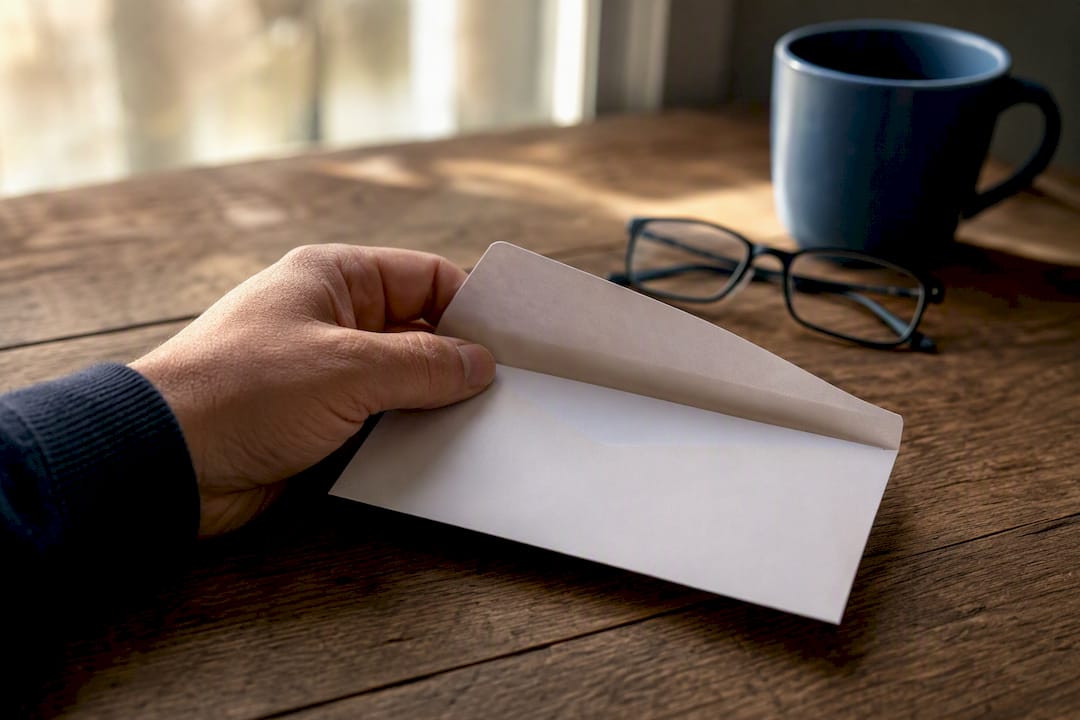 Hand holding a settlement offer letter envelope