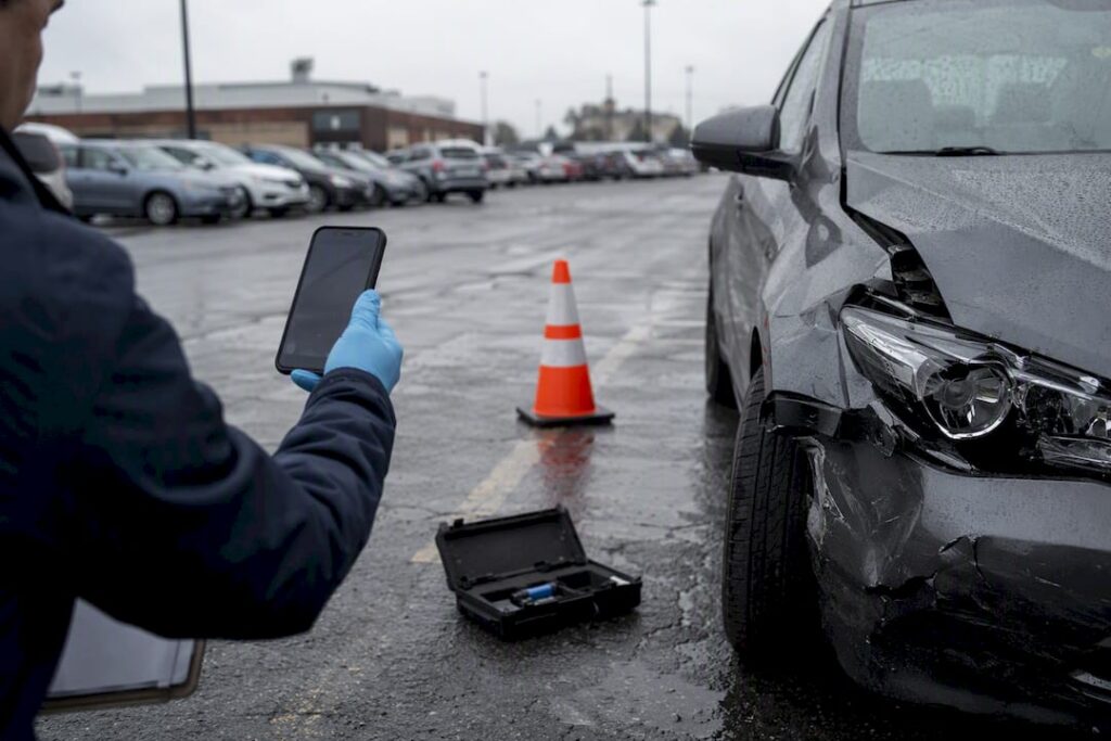 Hand photographing damaged car fender