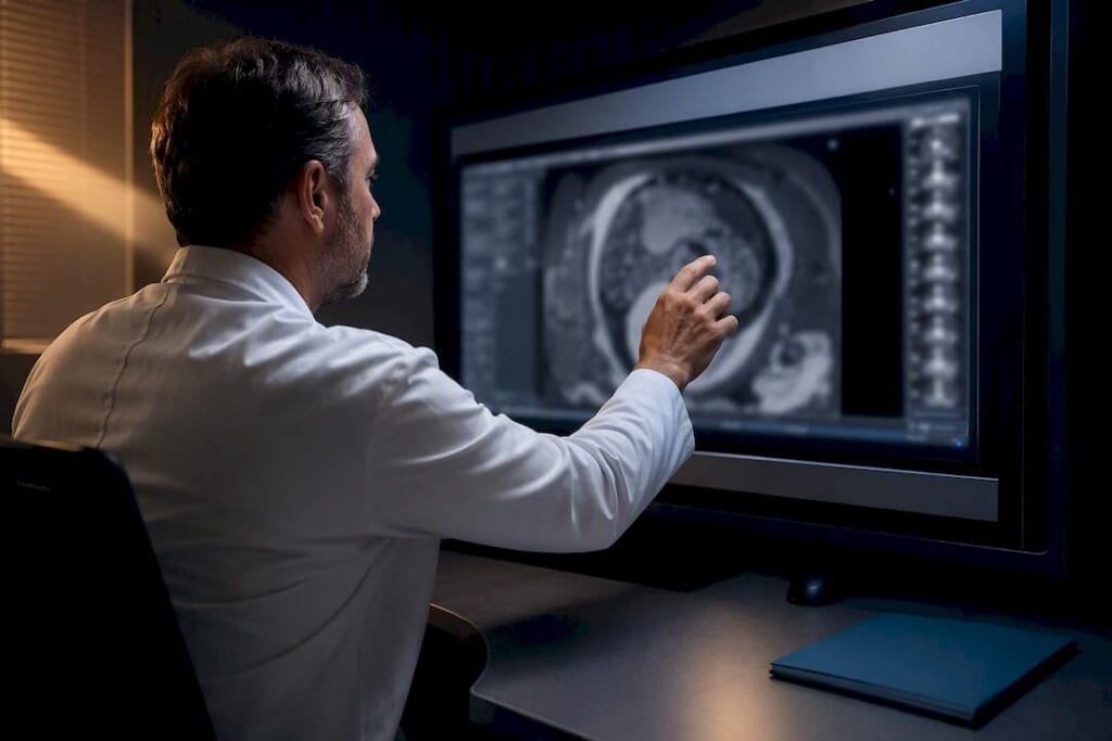 Diagnostic scan reviewed in a medical reading room