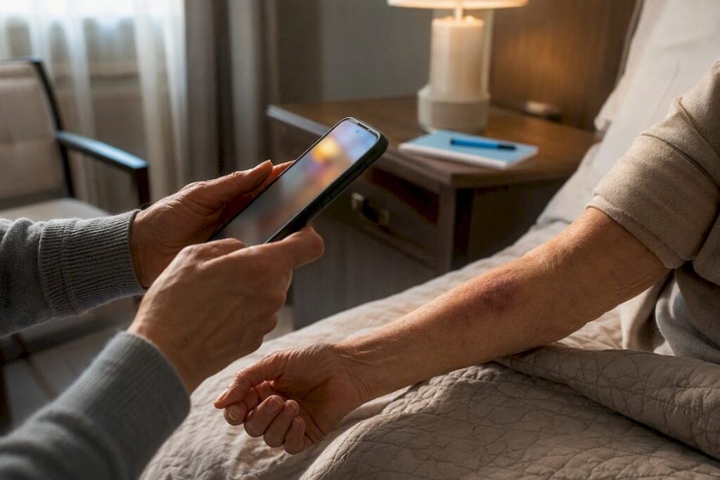 Visitor documenting bruise in nursing home room