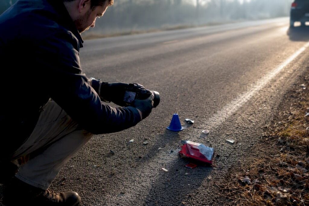Investigator documenting roadside hit-and-run evidence