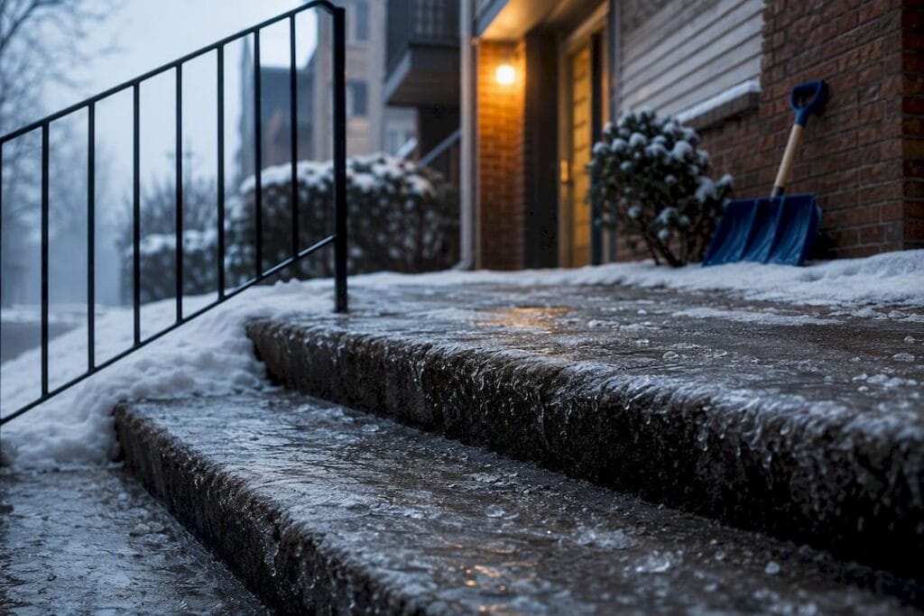 Icy apartment stairway common area