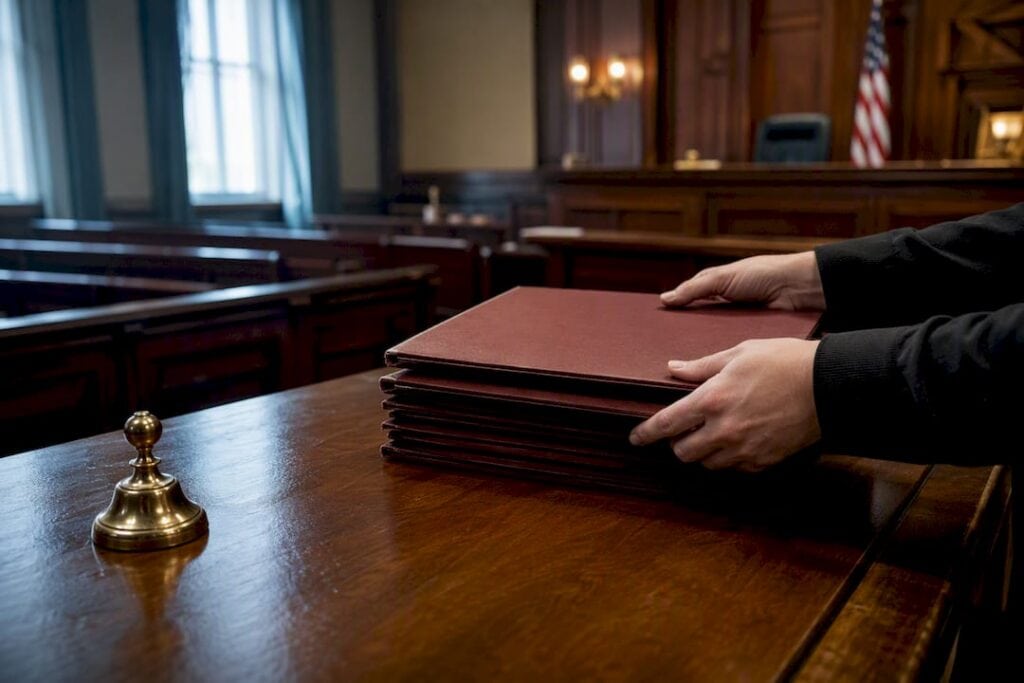 Indiana courtroom with case folders and judge bench
