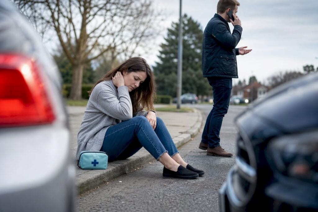Crash victim receiving roadside assistance