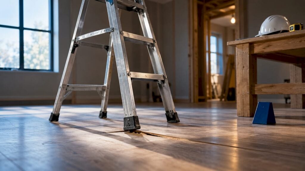 Unstable ladder on uneven renovation flooring