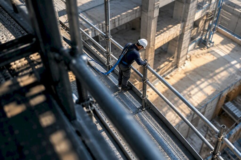 Worker inspecting construction scaffold platform