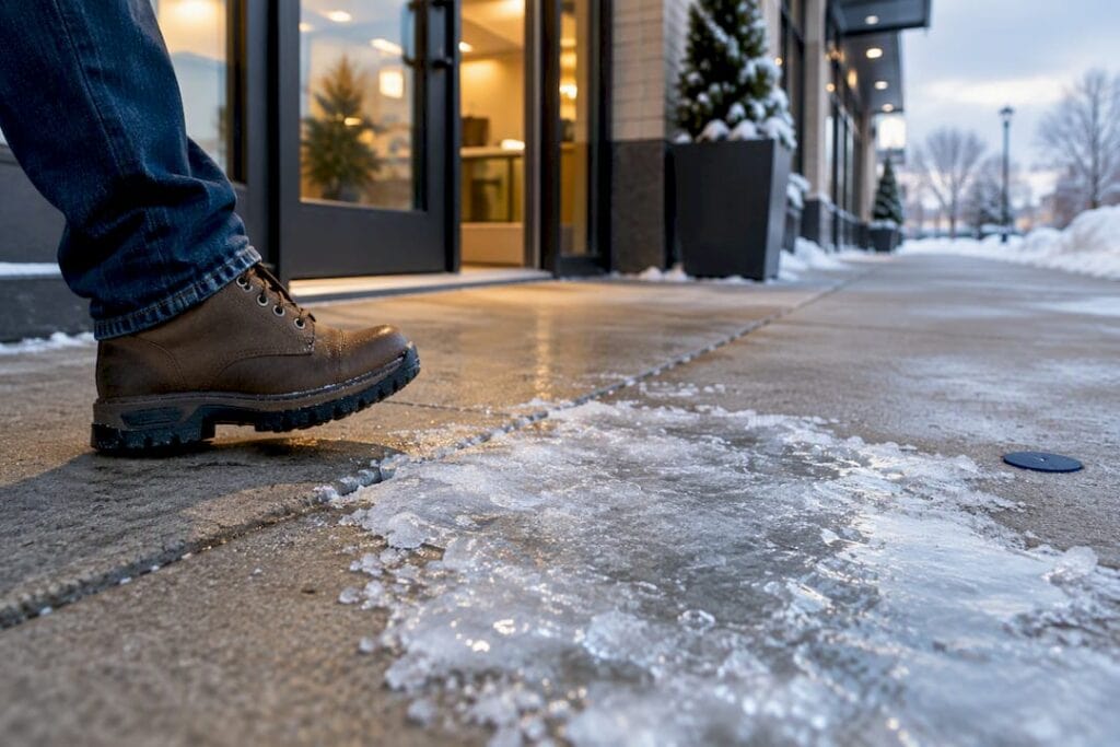 Icy Michigan sidewalk outside commercial property