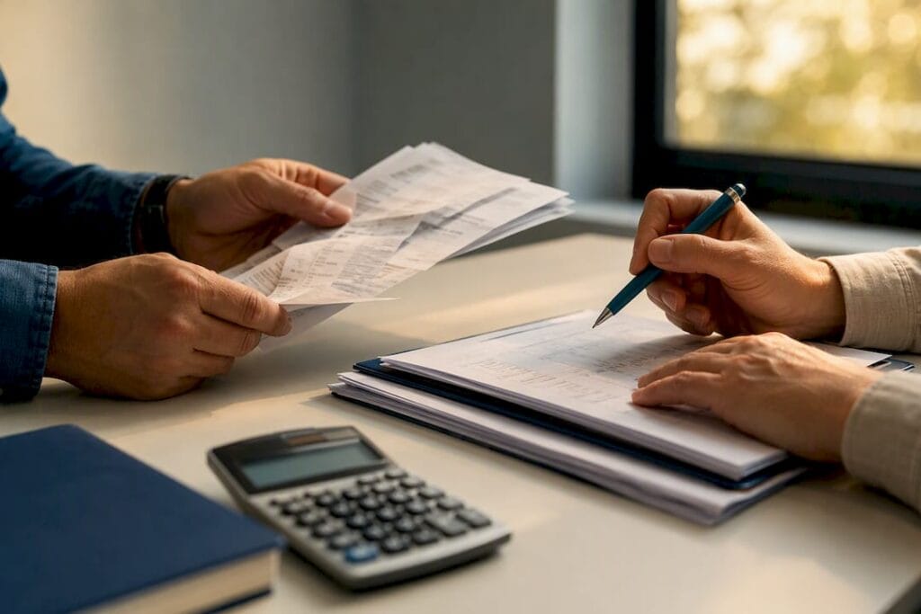 Hands reviewing insurance claim valuation paperwork