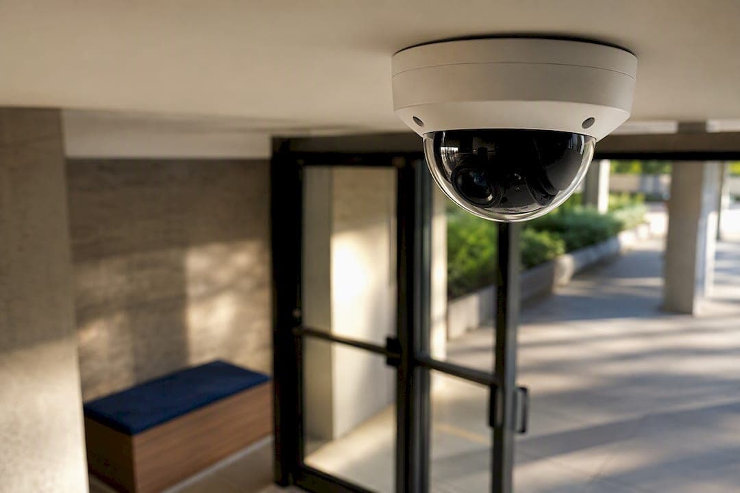 Security camera monitoring commercial entrance