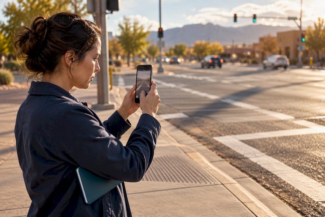 Person documenting an Albuquerque crash scene