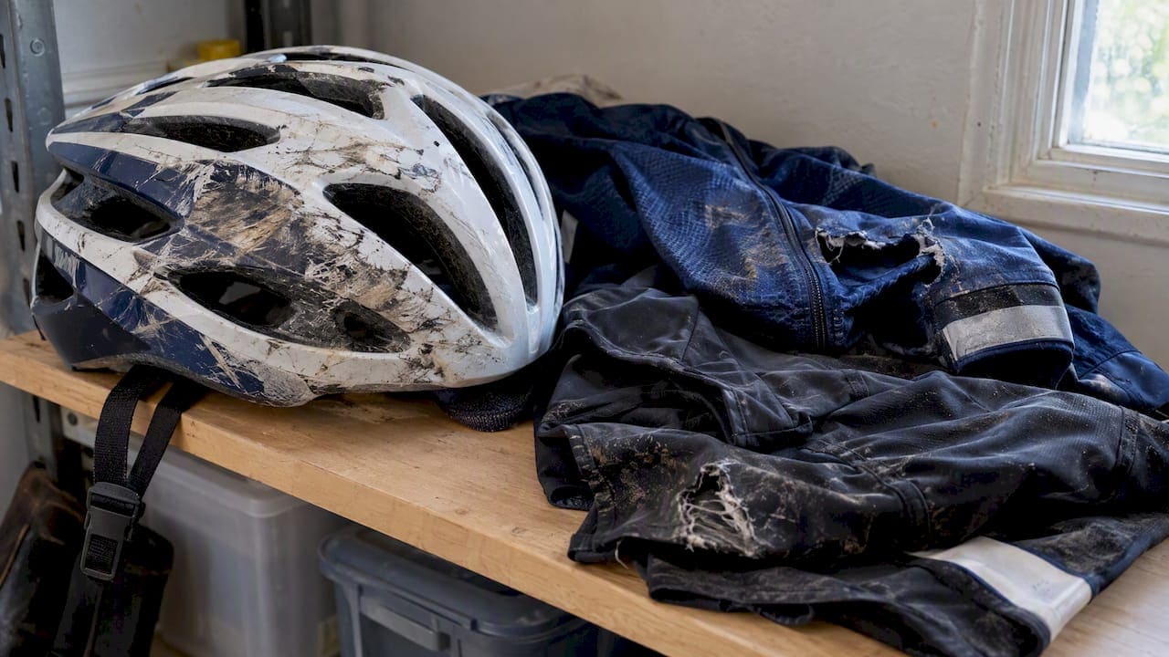 Damaged helmet and clothing preserved after a crash