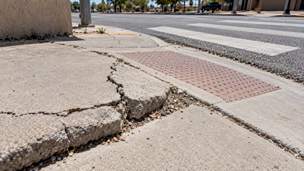 Cracked Albuquerque sidewalk beside a crosswalk