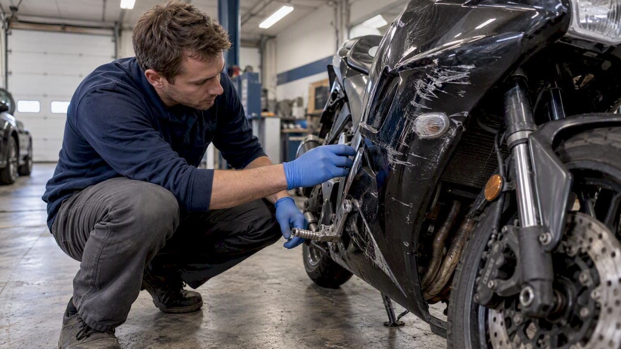Specialist inspects motorcycle crash damage
